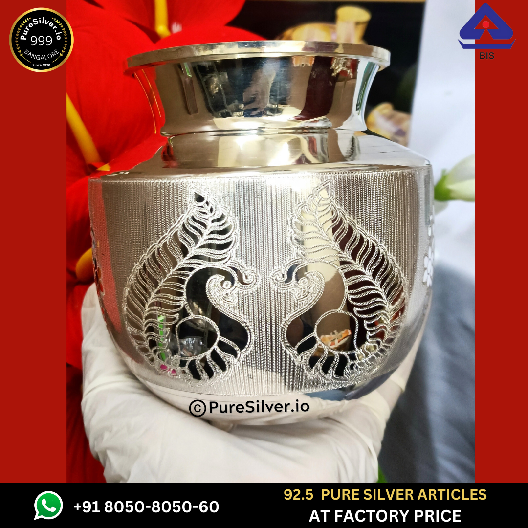 153 grams BIS Hallmarked Silver Kalash Chombu Lota - Designer Pattern - Embossed Plant Galaxy Design -  | Custom Orders & Bulk from Silver Factory