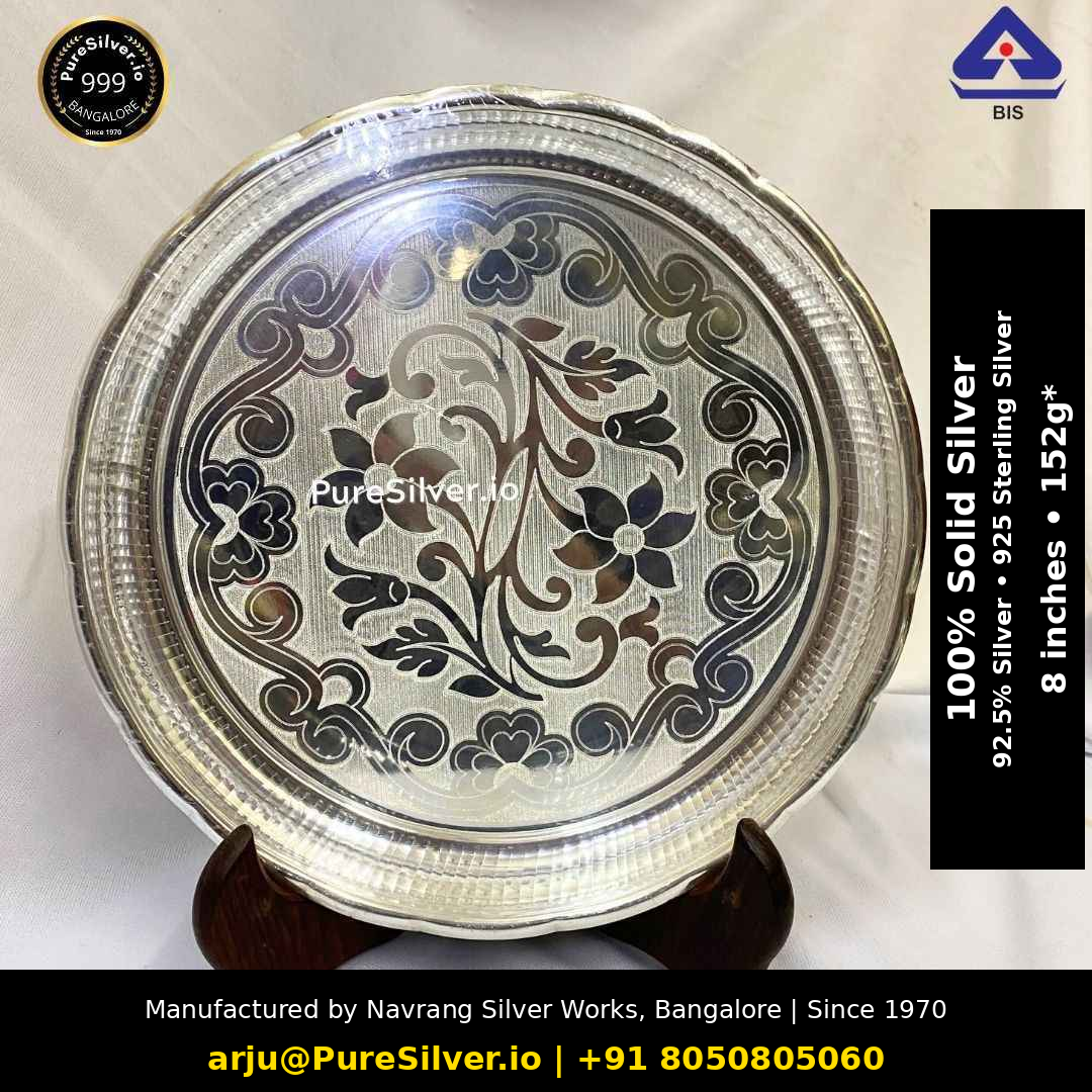 Solid 925 sterling silver Arivana floral matt plate, 8 inches, approximately 152 grams; original product photograph with Claude text overlay
