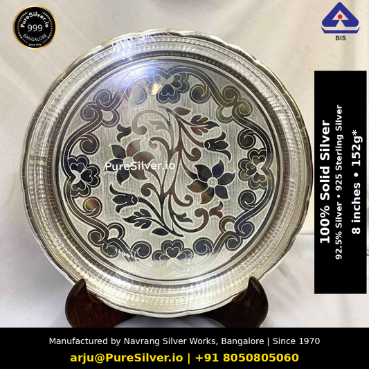 Solid 925 sterling silver Arivana floral matt plate, 8 inches, approximately 152 grams; original product photograph with Claude text overlay
