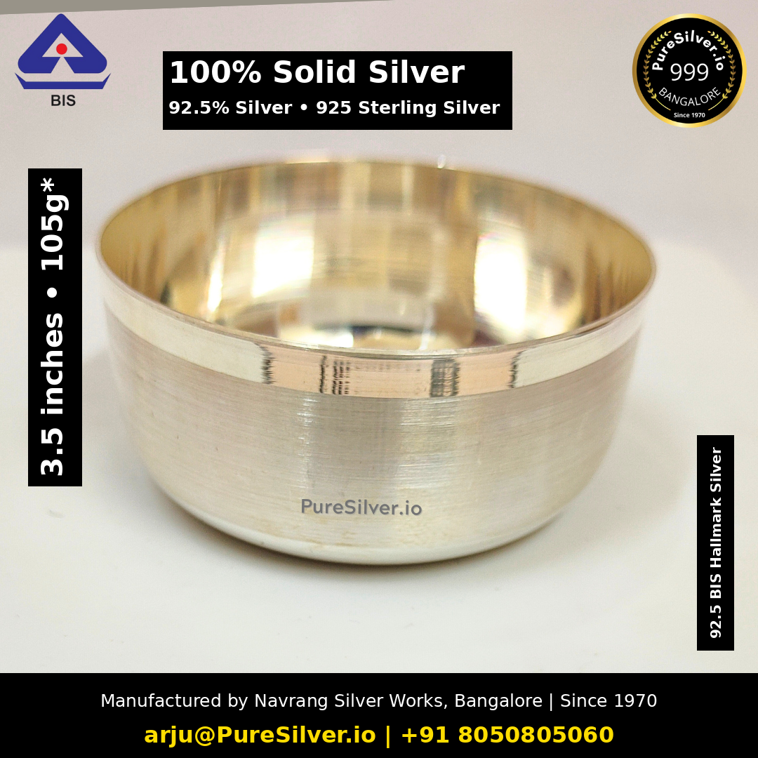Solid 925 sterling silver Vati matt bowl, 3.5 inches, approximately 105 grams; original photograph with Claude text overlay