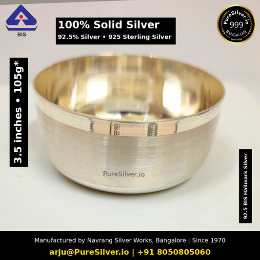 Solid 925 sterling silver Vati matt bowl, 3.5 inches, approximately 105 grams; original photograph with Claude text overlay