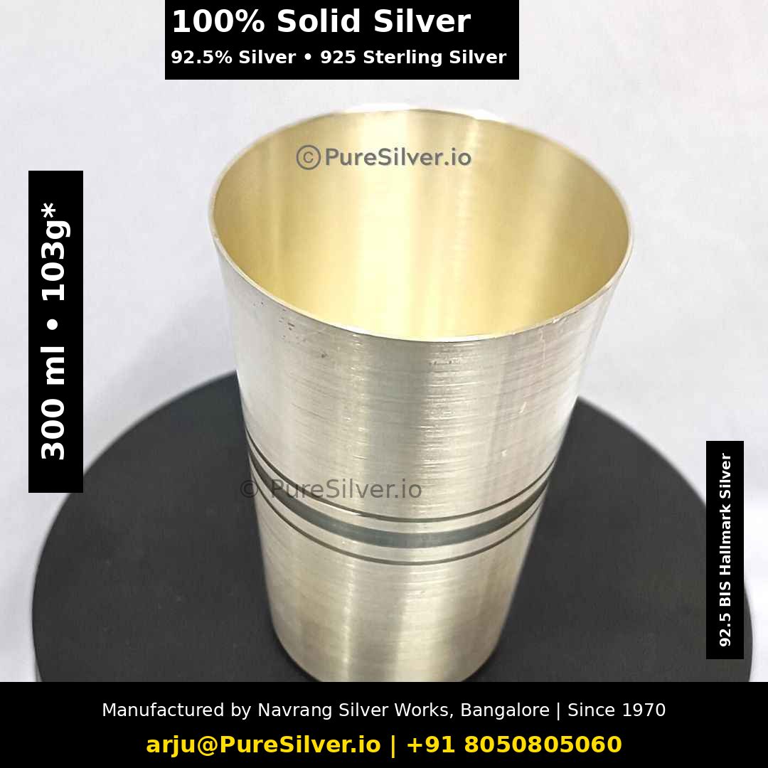 100% Solid Silver glass. 92.5% Silver • 925 Sterling Silver. Original photograph with verified capacity label, manufacturer contact details and subtle PureSilver.io watermark.