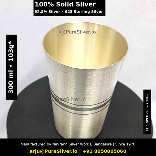 100% Solid Silver glass. 92.5% Silver • 925 Sterling Silver. Original photograph with verified capacity label, manufacturer contact details and subtle PureSilver.io watermark.