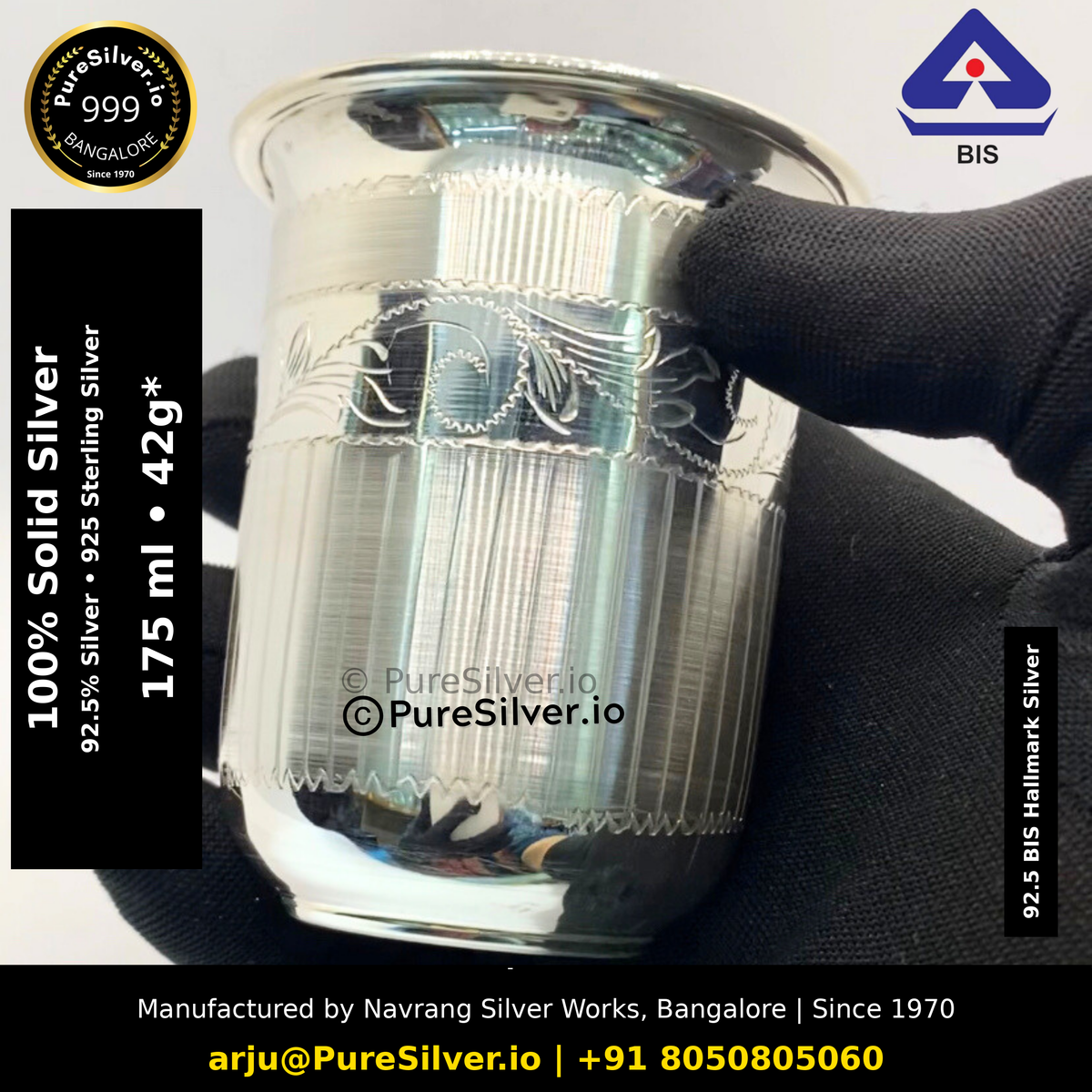 100% Solid Silver glass. 92.5% Silver • 925 Sterling Silver. Original photograph with verified capacity label, manufacturer contact details and subtle PureSilver.io watermark.