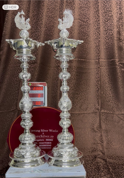 Luxury 925 Silver Lakshmi Hamsa Designer Long Lamps [Set of 2], BIS Hallmarked