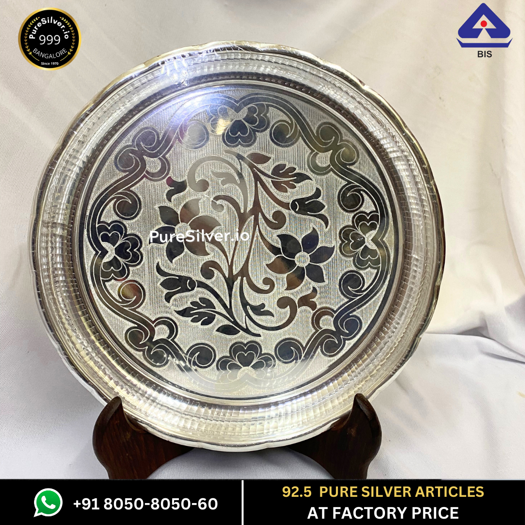 Resell: Pure Silver Plate - Responsive Floral Arivana Silver Plate for Pooja (9 to 12 inches / 200 gms to 725 gms)