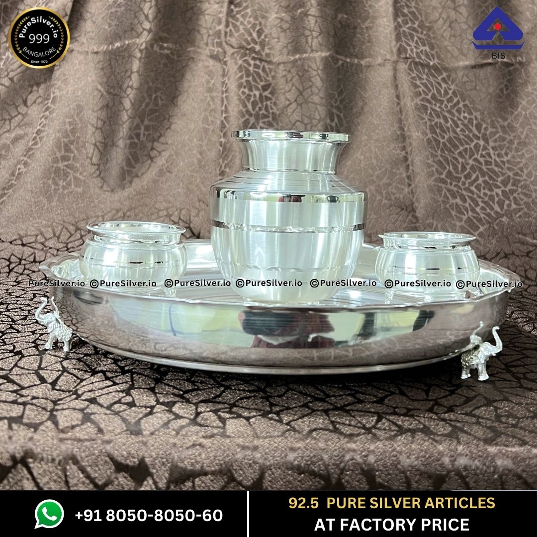 2 Kgs Pure Silver Pooja Thali Set with 925 BIS Hallmark