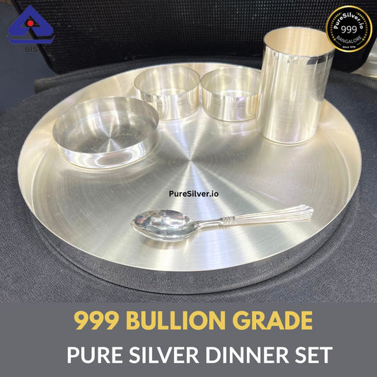 11.75 inch Pure Silver Dinner Set, 6 Pcs, Satin Matt Finished, Bombay Straight Pattern, 990 BIS Hallmarked, 1630 grams