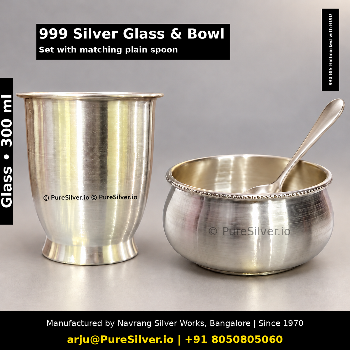 999 silver glass and bowl set with a matching plain spoon, 300 ml glass, 990 BIS Hallmarked with HUID