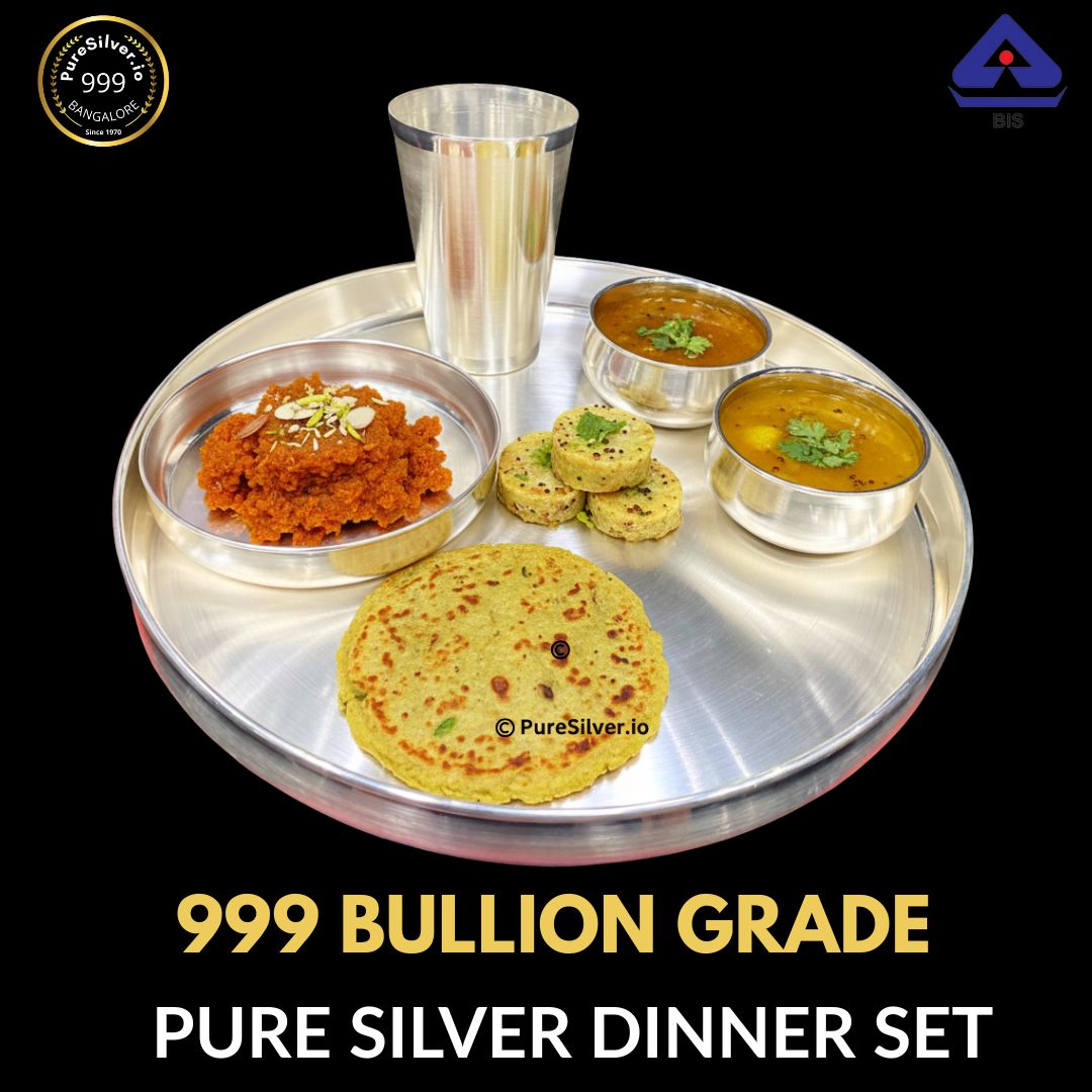 12.25 inch Pure Silver Dinner Set, Satin Matt Matka Pattern, 1500 grams, 990 BIS Hallmarked