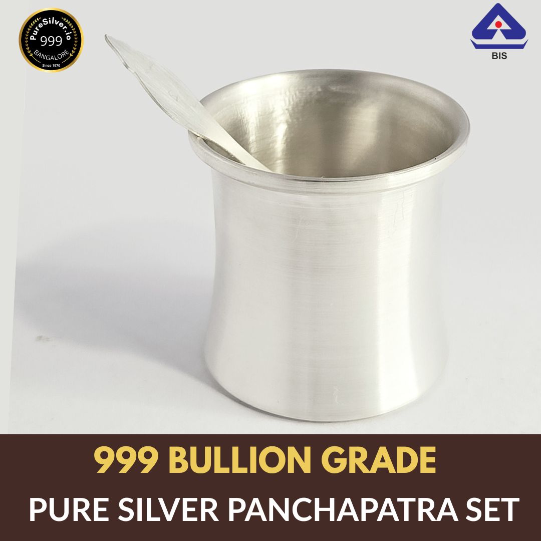 999 Pure Silver Panchpatra Set in 300 ml, ~144 grams | 990 BIS Hallmarked