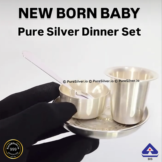 NAVRANG Silver New Born baby Dinner Set with 925 BIS Hallmark, 4 Pcs with Bowl and Spoon Set, ~60 grams