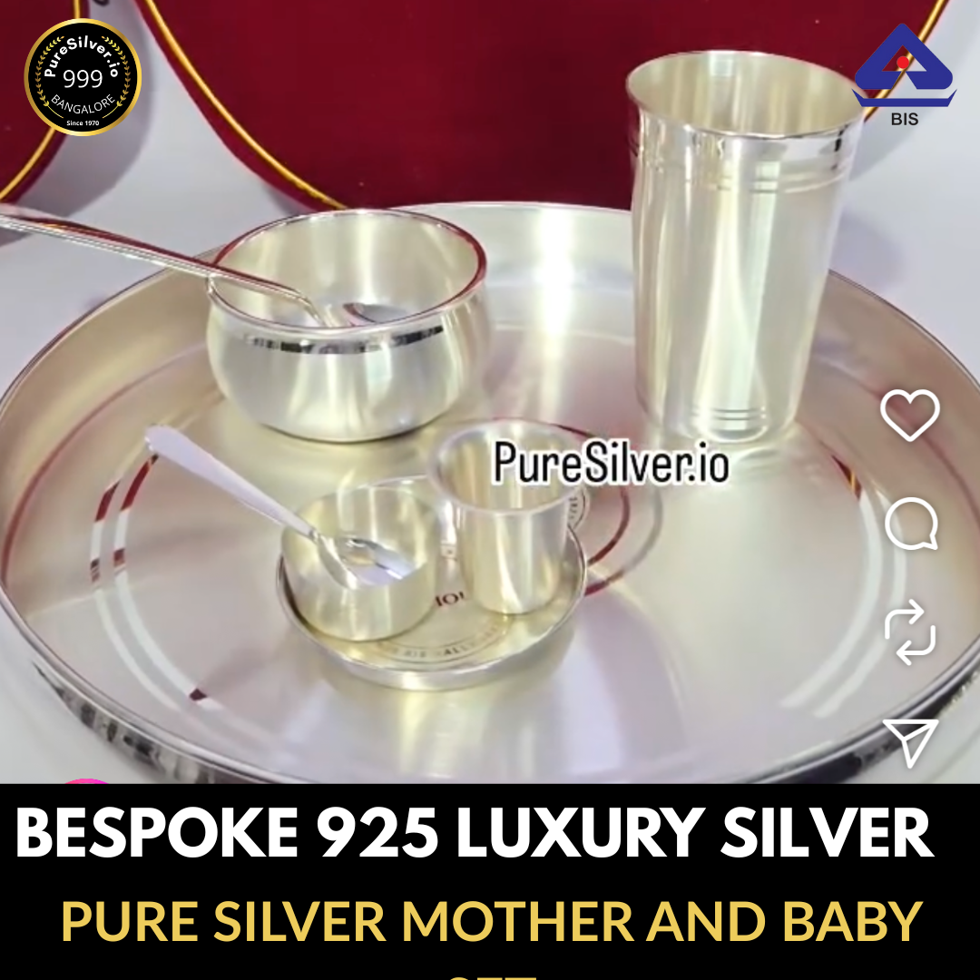 14 inches - Pure Silver Dinner Set of 2 for Mother and Baby, 925 BIS Hallmarked