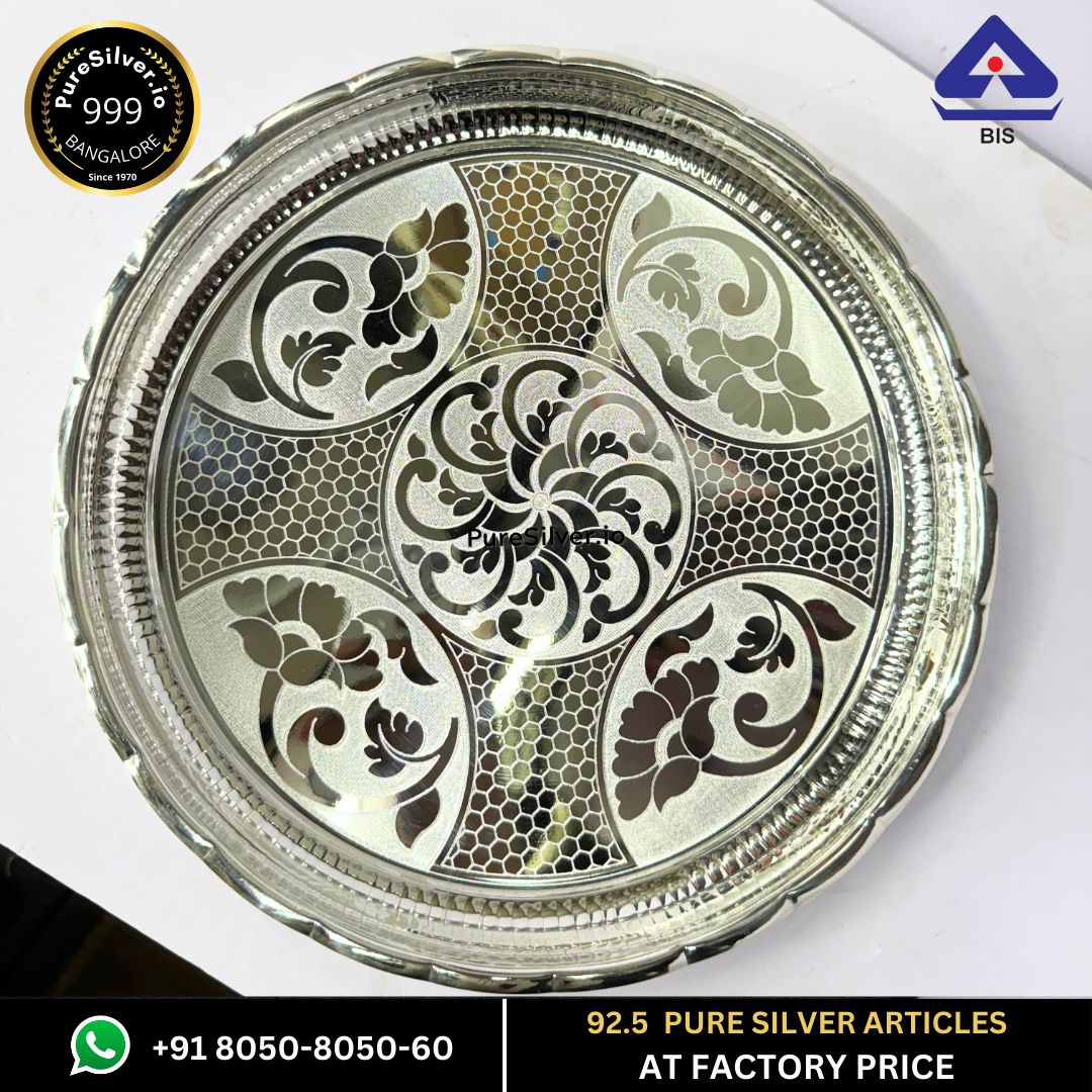 WHOLESALE PRICE PRICE: Pure Silver Plate - Arivana Designer Silver Plate for Pooja (9 to 12 inches / 200 gms to 725 gms)