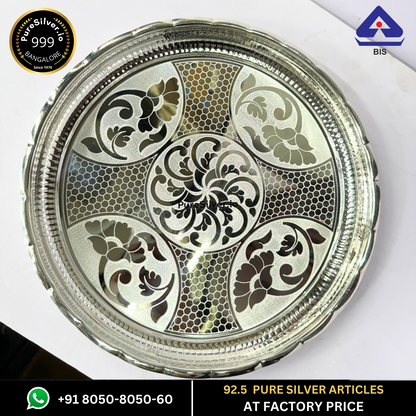 WHOLESALE PRICE PRICE: Pure Silver Plate - Arivana Designer Silver Plate for Pooja (9 to 12 inches / 200 gms to 725 gms)