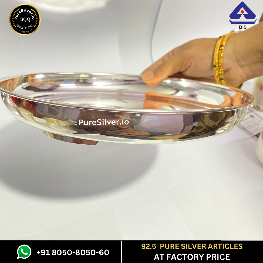 357 grams BIS Hallmarked Silver Bangalore Plate for Pooja | Silver Thali for Eating - Embossed Ringed AshtaLakshmi Design