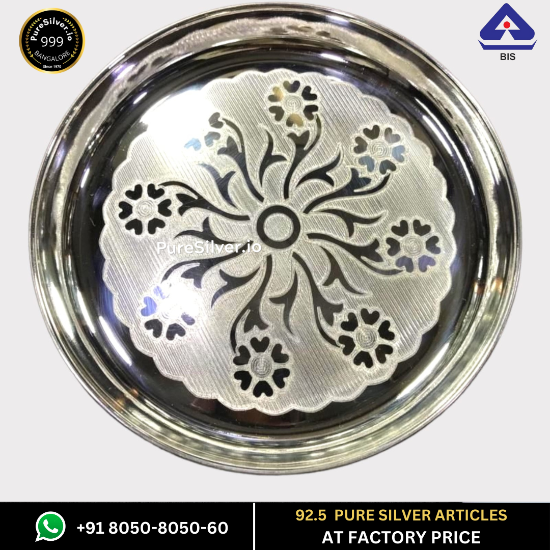 WHOLESALE PRICE PRICE: Pure Silver Plate - Designer Bangalore Silver Thali (6 to 12 inches / 100 gms to 630 gms)
