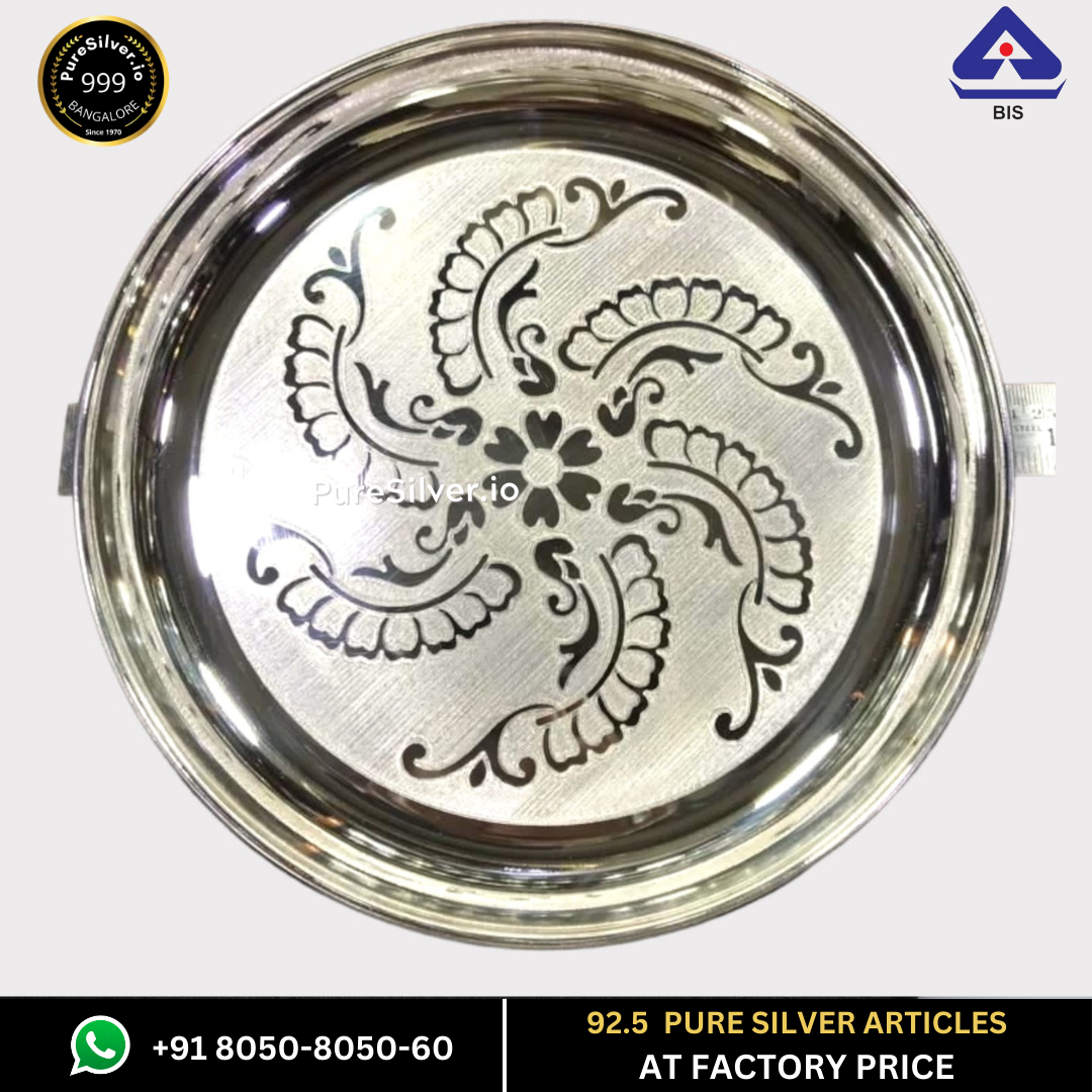 WHOLESALE PRICE PRICE: Pure Silver Plate - Designer Bangalore Silver Thali (6 to 12 inches / 100 gms to 630 gms)