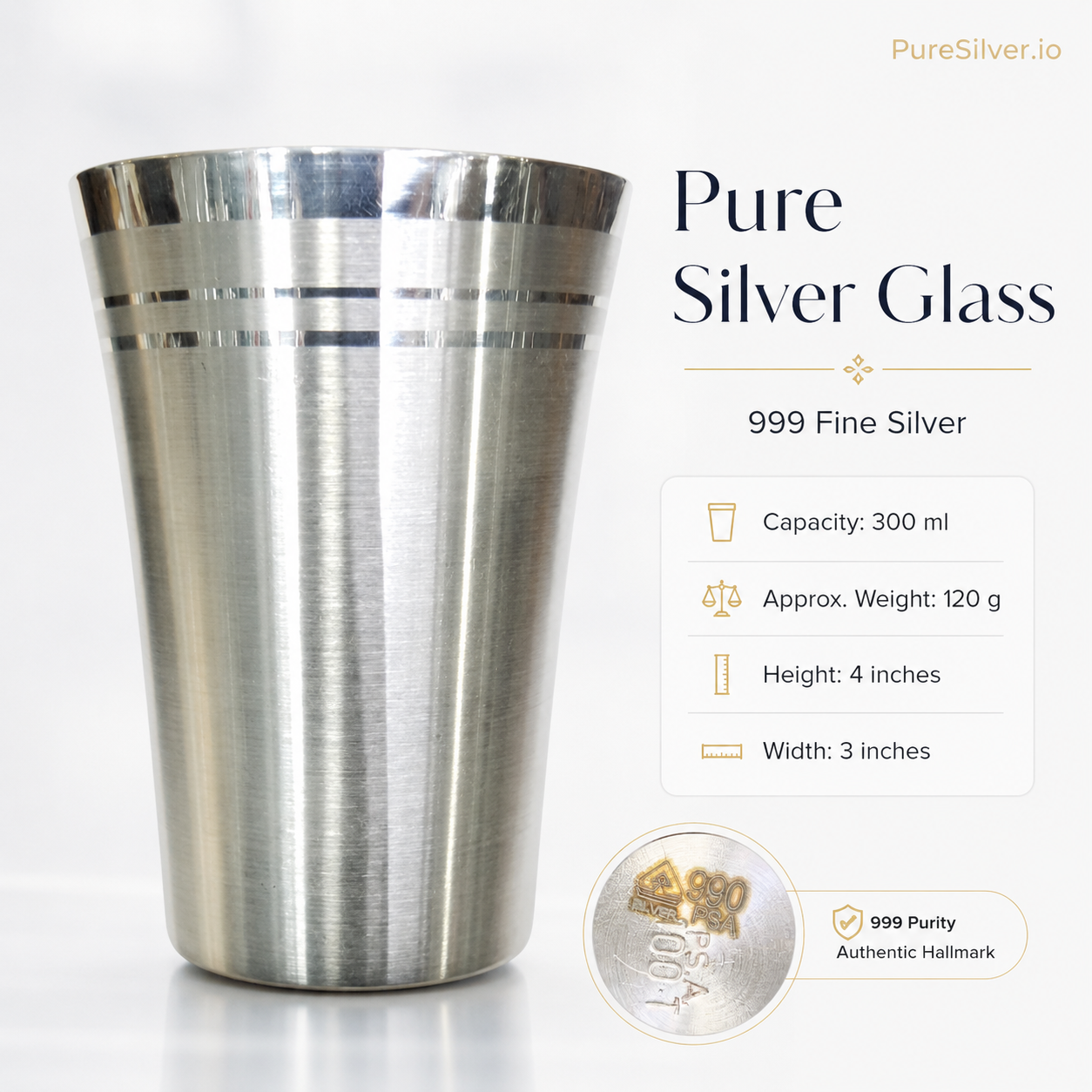 999 Pure Silver Glass with 990 BIS Hallmark, 300 ml, ~120 grams