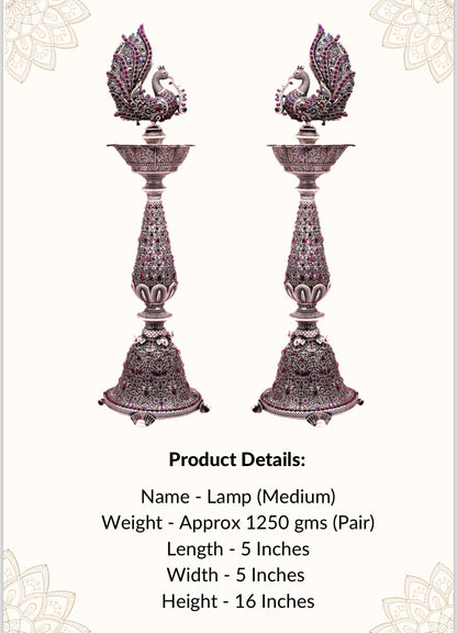 925 Luxury Pure Silver Good Luck Long Lamp for Pooja | 15" | Set of 2