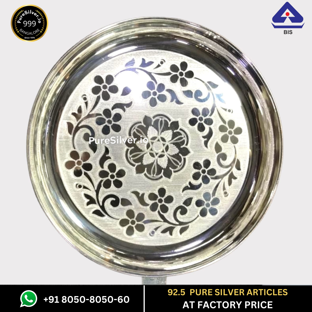 WHOLESALE PRICE PRICE: Pure Silver Plate - Designer Bangalore Silver Thali (6 to 12 inches / 100 gms to 630 gms)