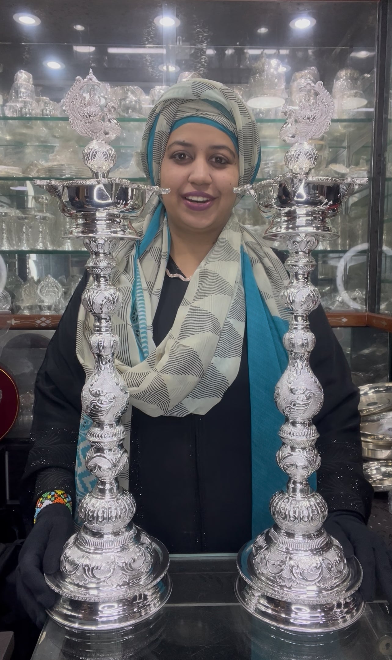 Luxury 925 Silver Lakshmi Hamsa Designer Long Lamps [Set of 2], BIS Hallmarked