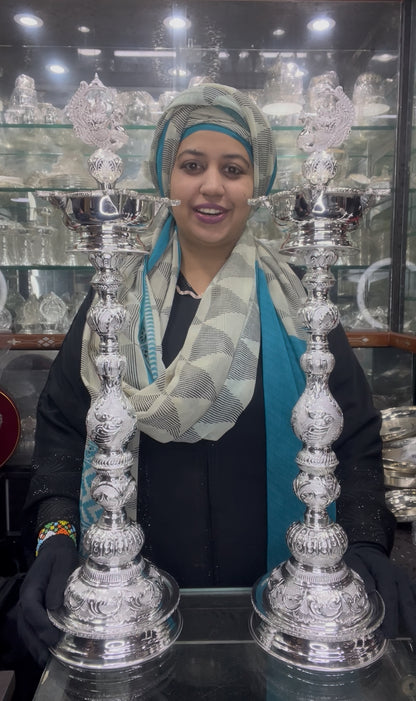 Luxury 925 Silver Lakshmi Hamsa Designer Long Lamps [Set of 2], BIS Hallmarked