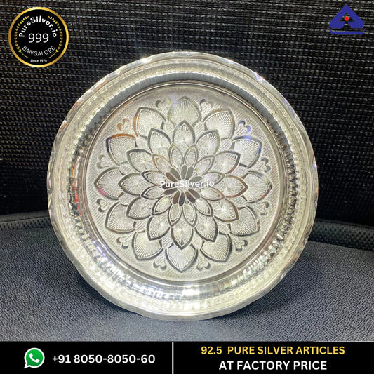 73 grams BIS Hallmarked Silver Arivana Kamal Radha Plate for Pooja - Floral Design and Matt Finished -  | Custom Orders & Bulk from Silver Factory