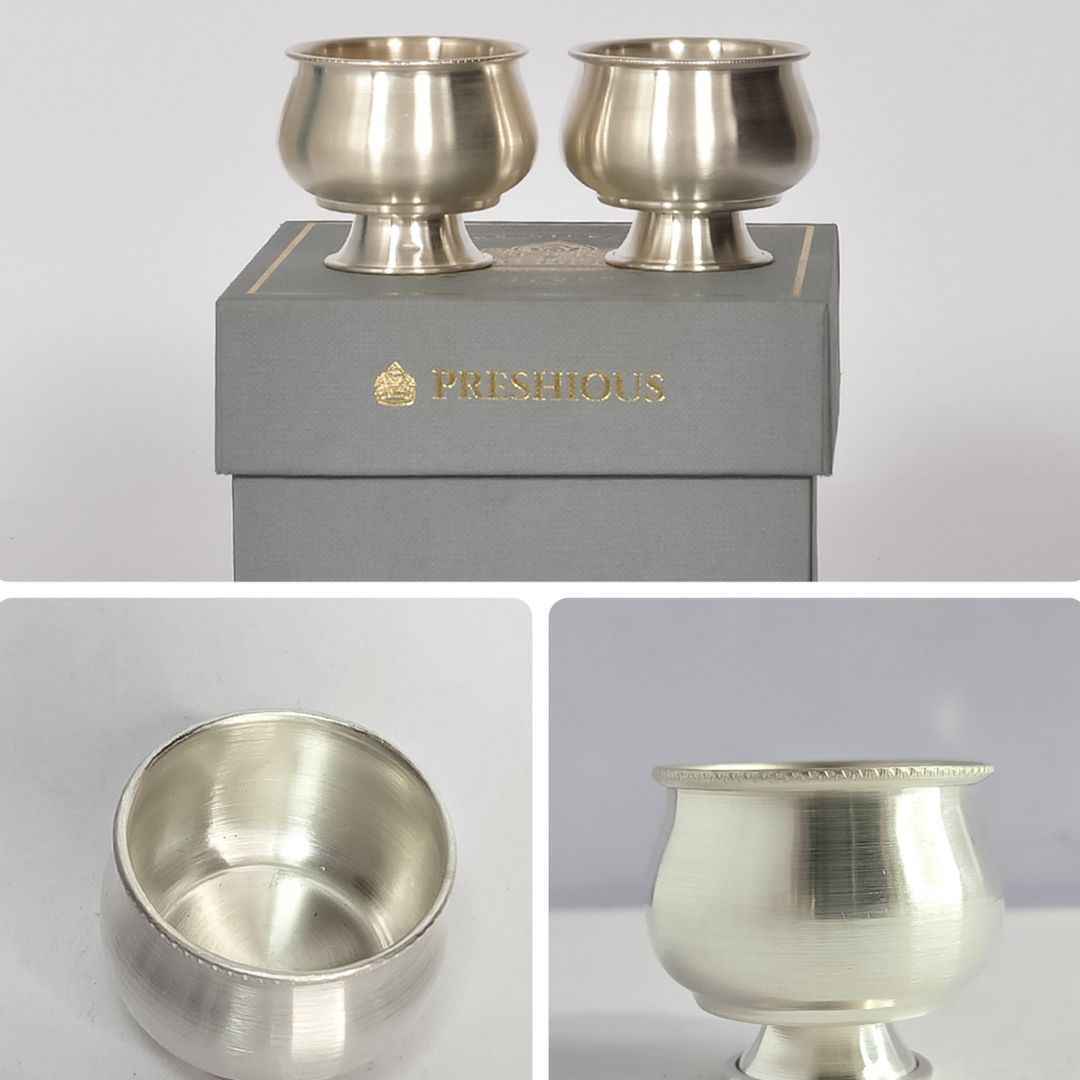 Silver Ghee Cup With Stand (Set Of 2) Embossed Indian Design, 260 grams, BIS Hallmarked