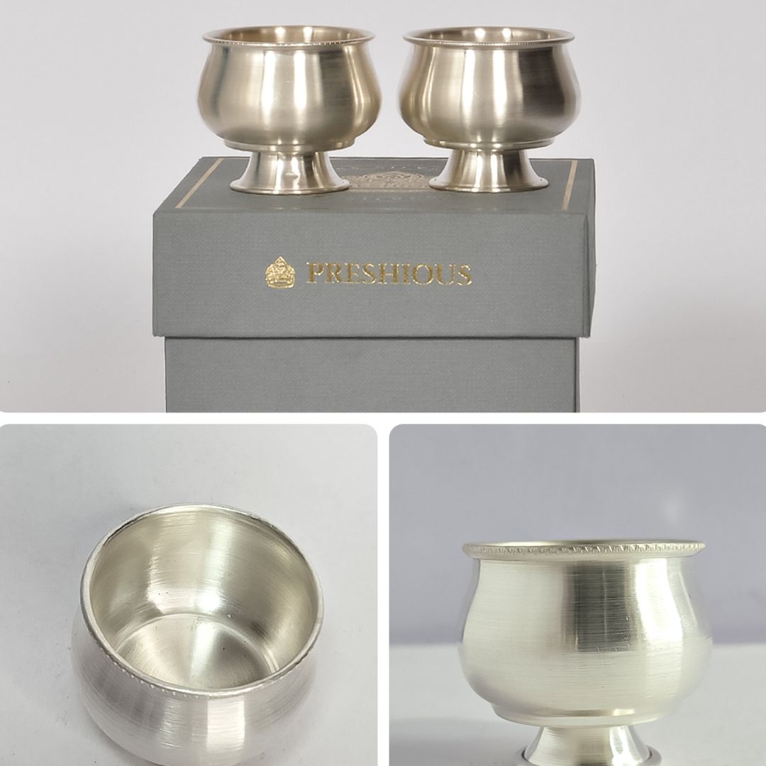 60 grams Pure Silver Ghee Cup With Stand (Set Of 2) - Embossed Indian Design -  | Custom Orders & Bulk from Silver Factory