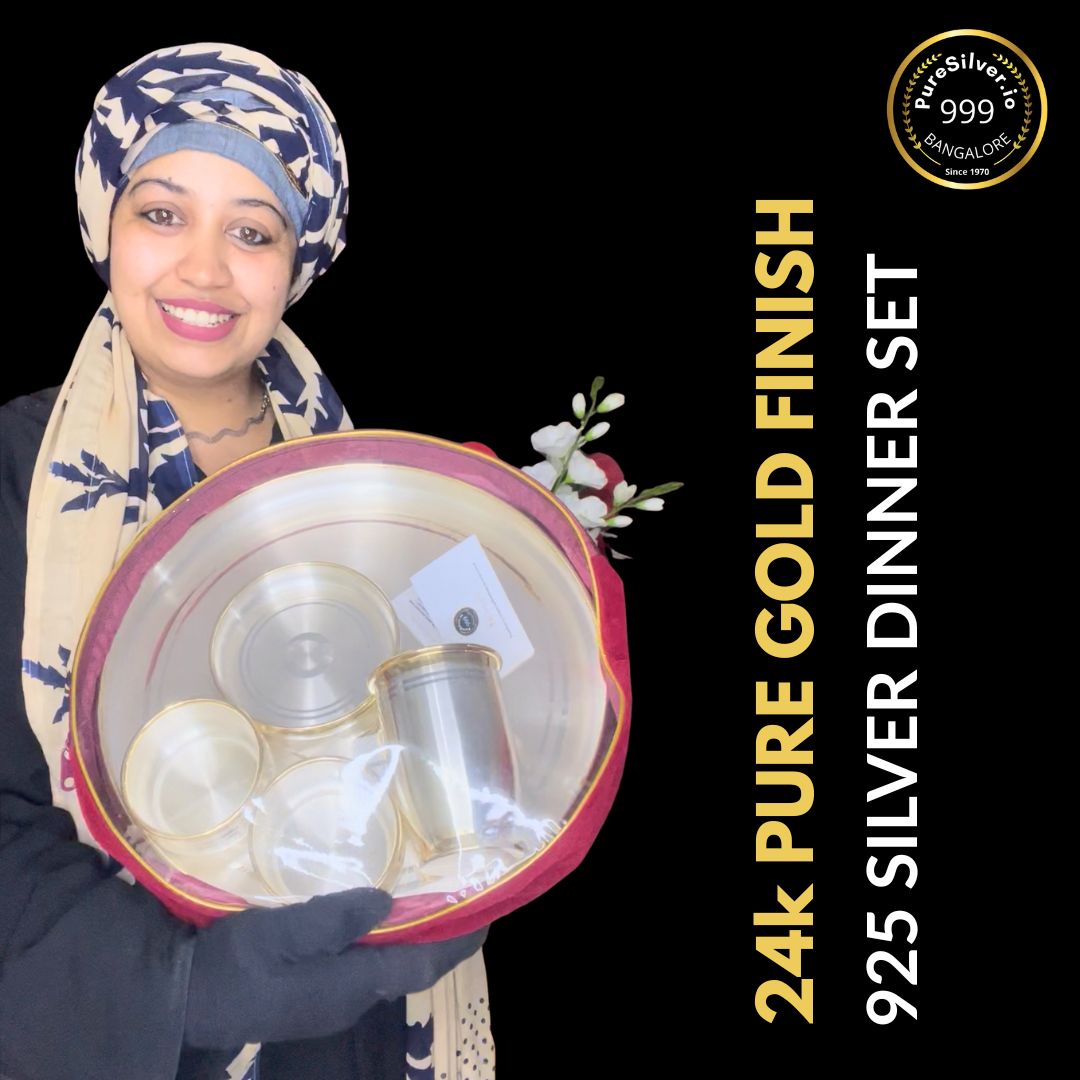 5 Pcs Luxury 24k Pure Gold Accent Sterling Silver Dinner Set, 925 BIS Hallmark