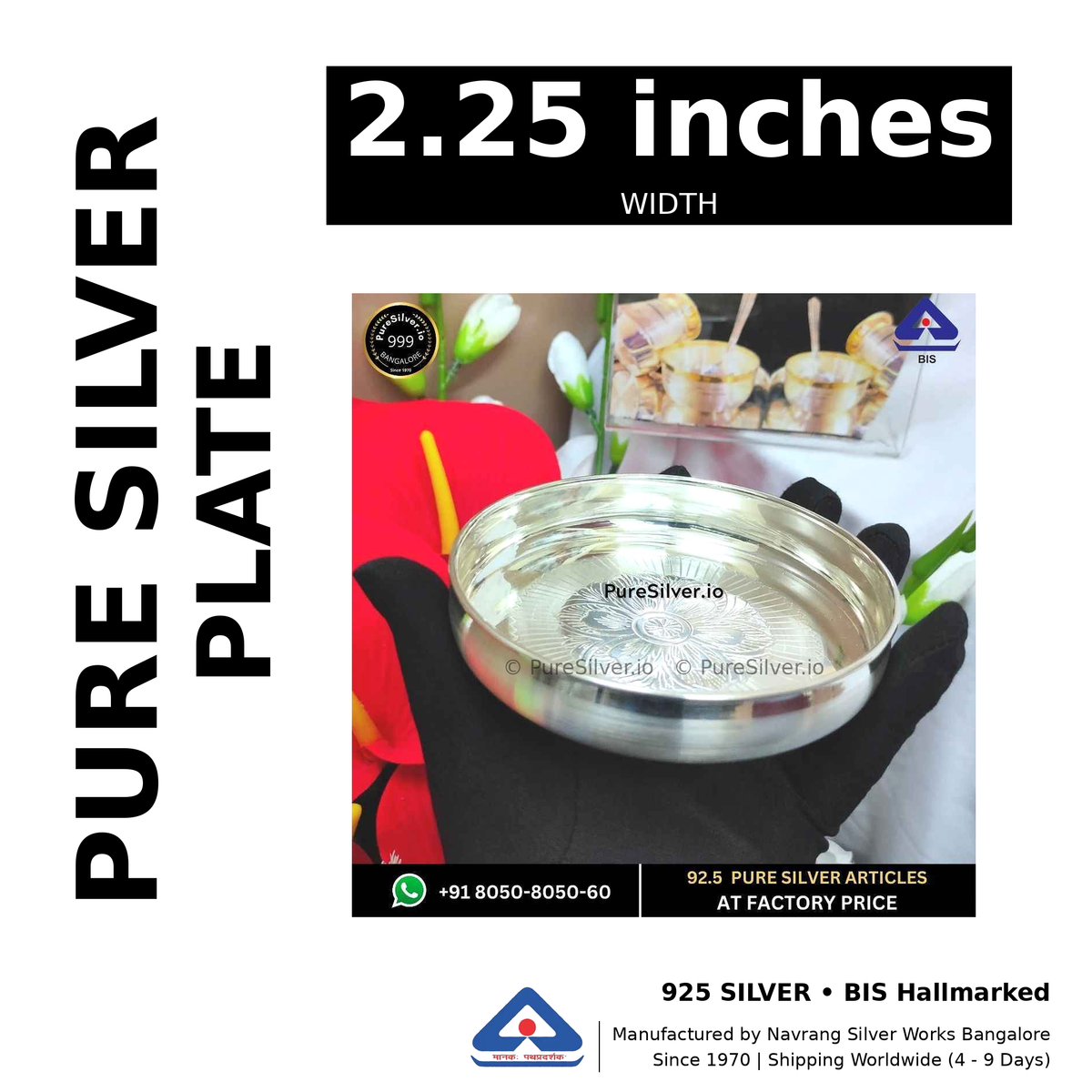 Pure silver plate, width 2.25 inches, black and white specifications image