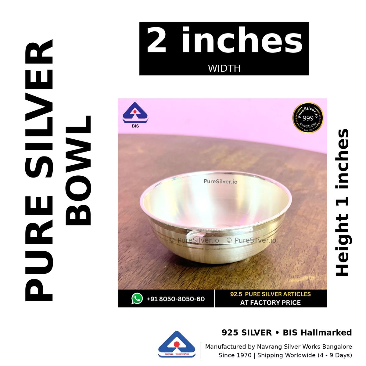 Pure silver bowl, width 2 inches, height 1 inches, black and white specifications image