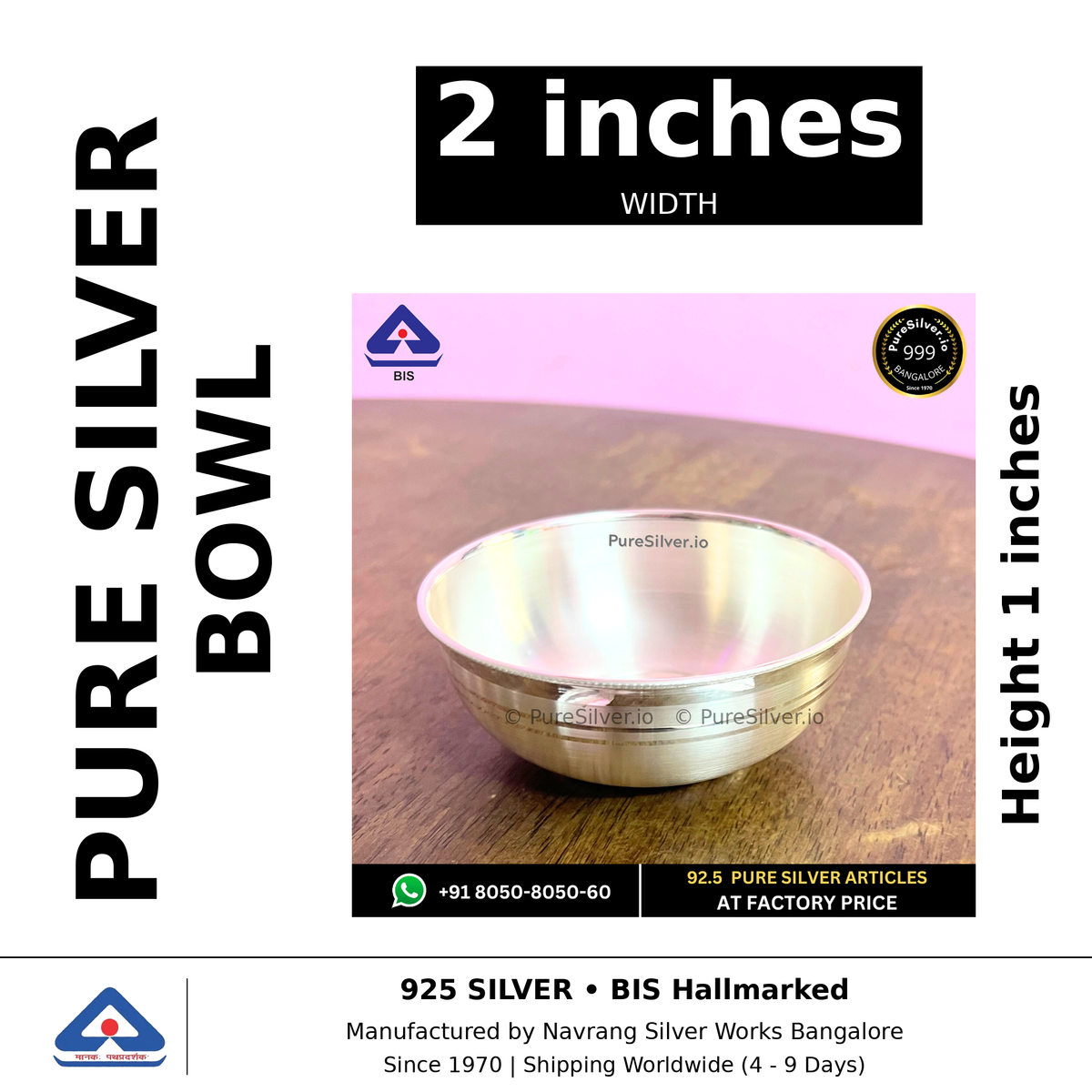 Pure silver bowl, width 2 inches, height 1 inches, black and white specifications image