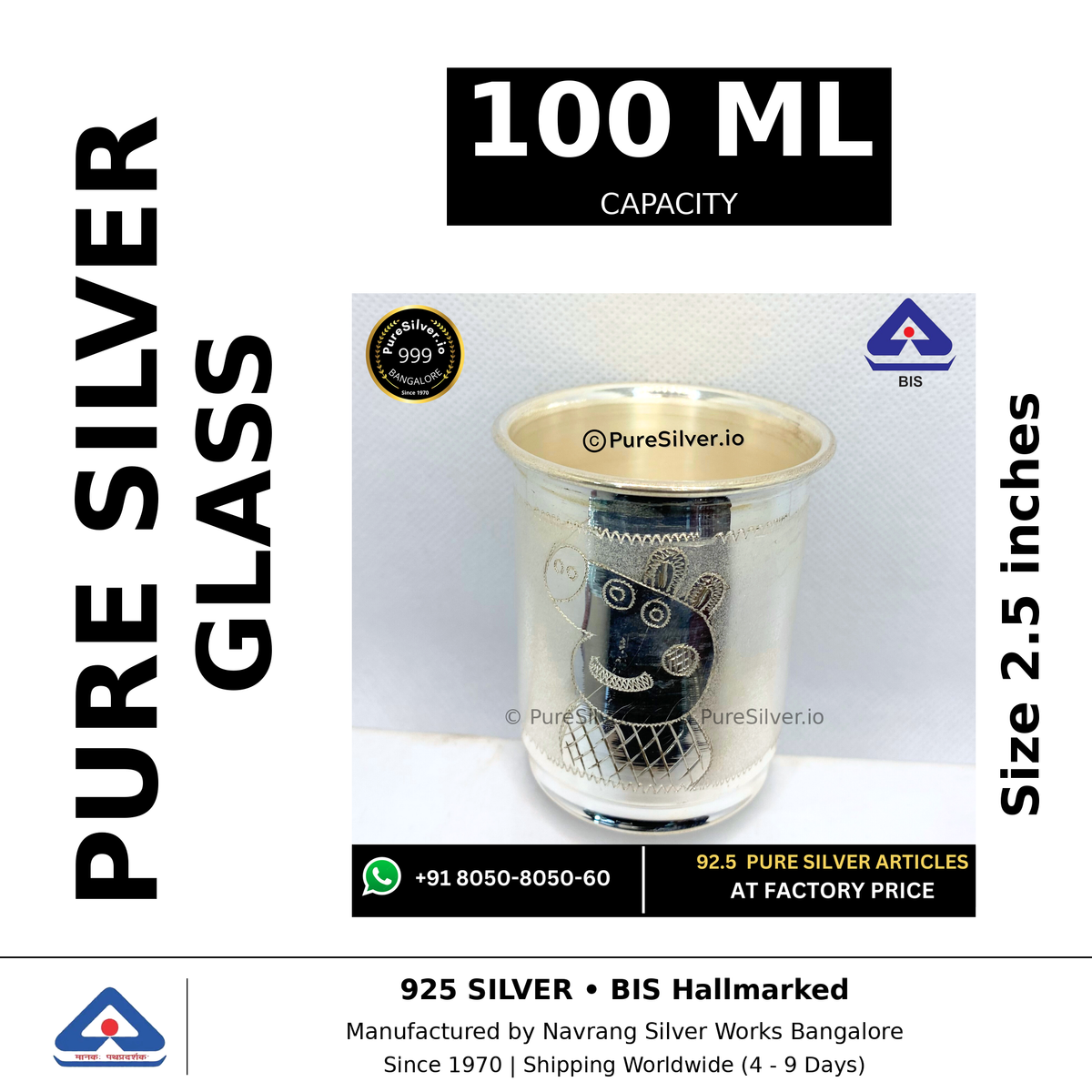 Pure silver glass, 100 ml capacity, size 2.5 inches, black and white specifications image