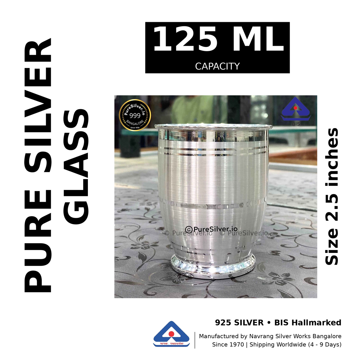 Pure silver glass, 125 ml capacity, size 2.5 inches, black and white specifications image