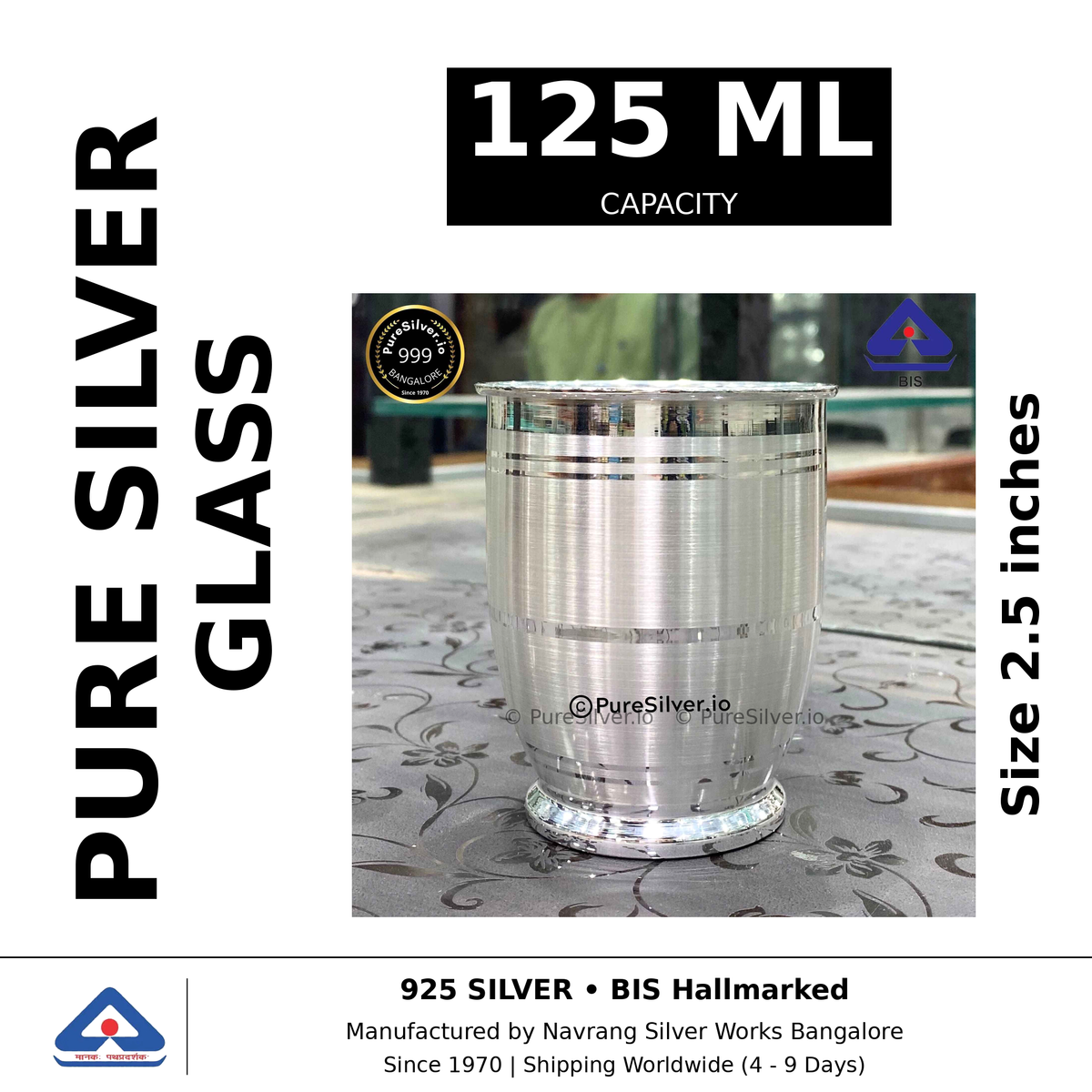 Pure silver glass, 125 ml capacity, size 2.5 inches, black and white specifications image