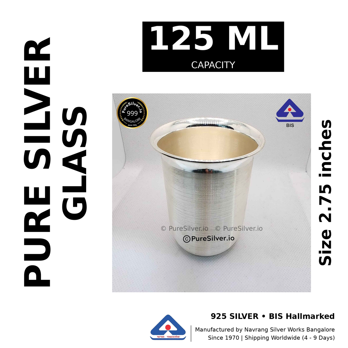 Pure silver glass, 125 ml capacity, size 2.75 inches, black and white specifications image