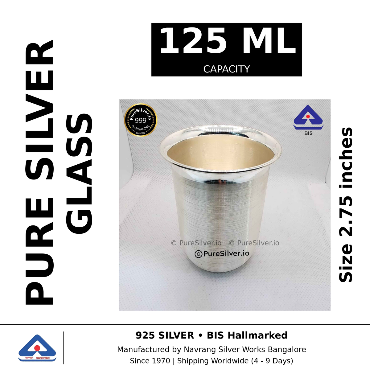 Pure silver glass, 125 ml capacity, size 2.75 inches, black and white specifications image