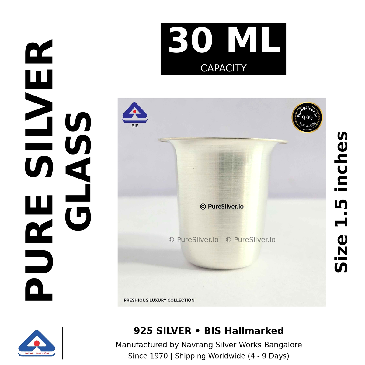 Pure silver glass, 30 ml capacity, size 1.5 inches, black and white specifications image