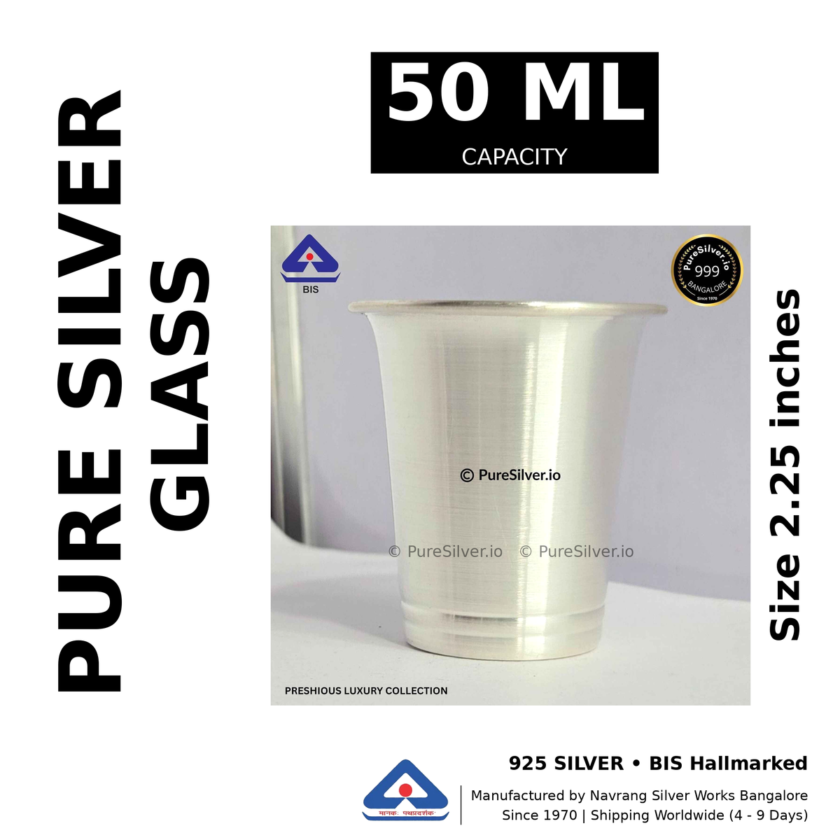 Pure silver glass, 50 ml capacity, size 2.25 inches, black and white specifications image