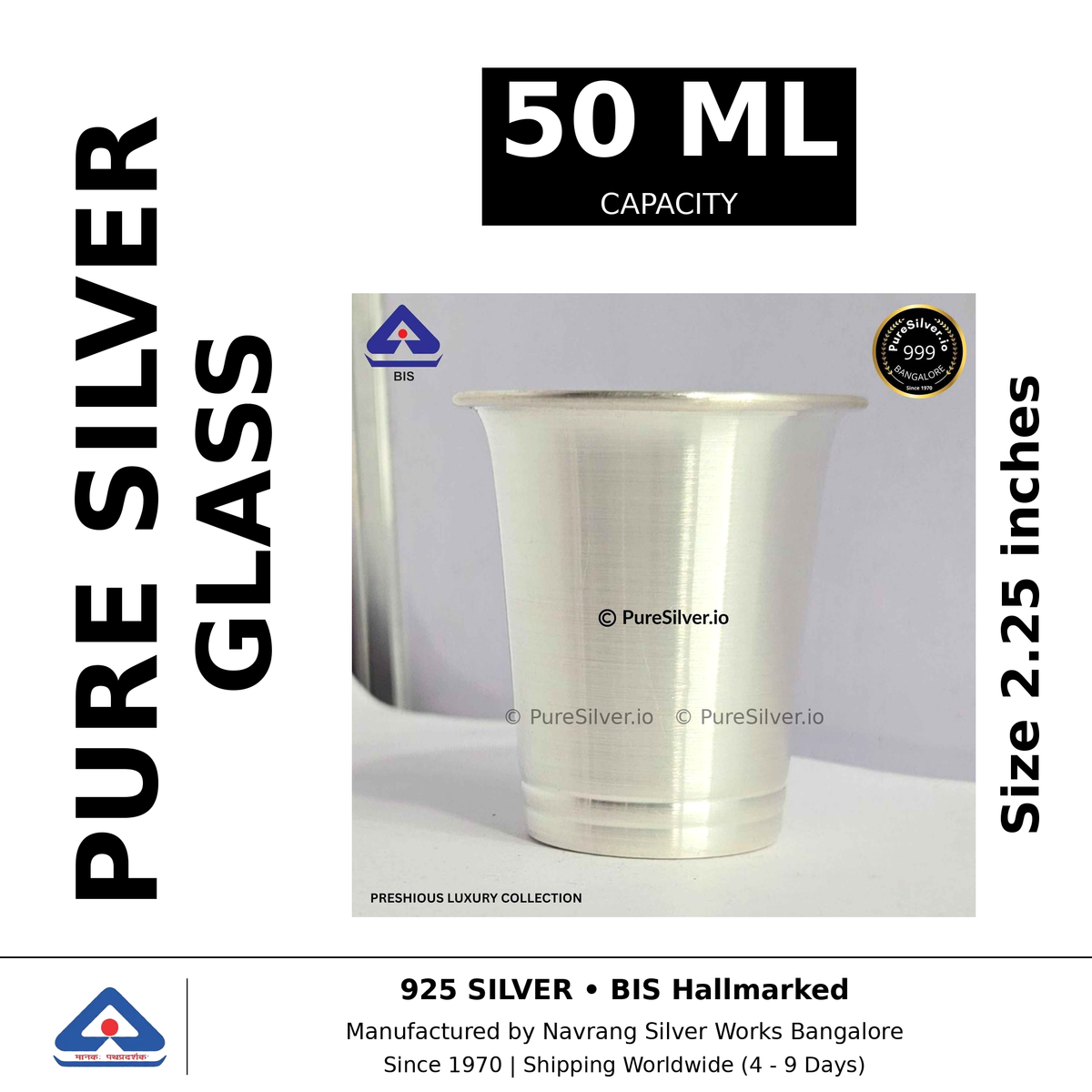 Pure silver glass, 50 ml capacity, size 2.25 inches, black and white specifications image