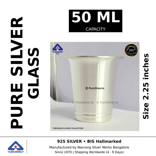 Pure silver glass, 50 ml capacity, size 2.25 inches, black and white specifications image