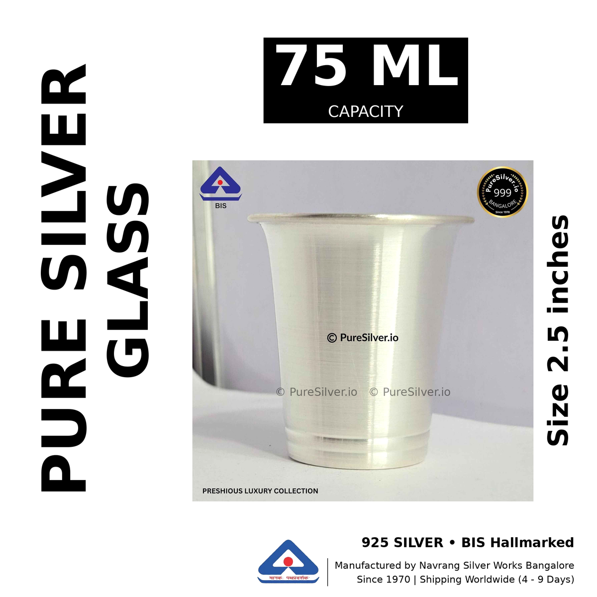 Pure silver glass, 75 ml capacity, size 2.5 inches, black and white specifications image