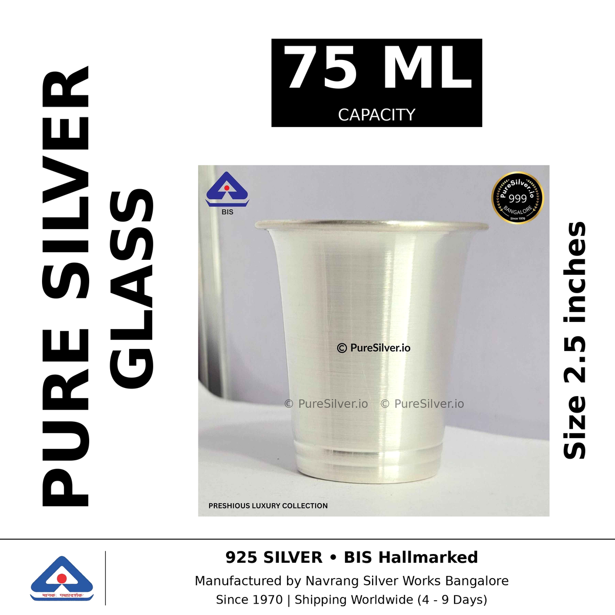 Pure silver glass, 75 ml capacity, size 2.5 inches, black and white specifications image