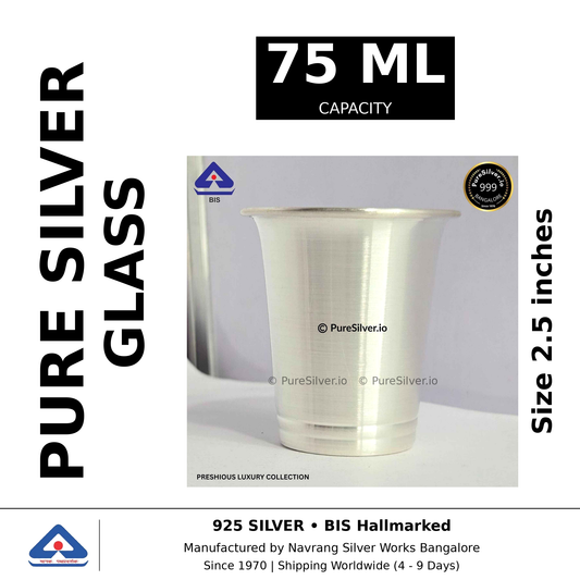 Pure silver glass, 75 ml capacity, size 2.5 inches, black and white specifications image