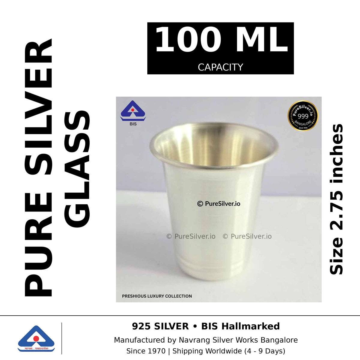 Pure silver glass, 100 ml capacity, size 2.75 inches, black and white specifications image