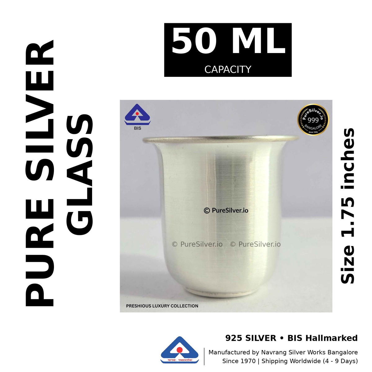 Pure silver glass, 50 ml capacity, size 1.75 inches, black and white specifications image