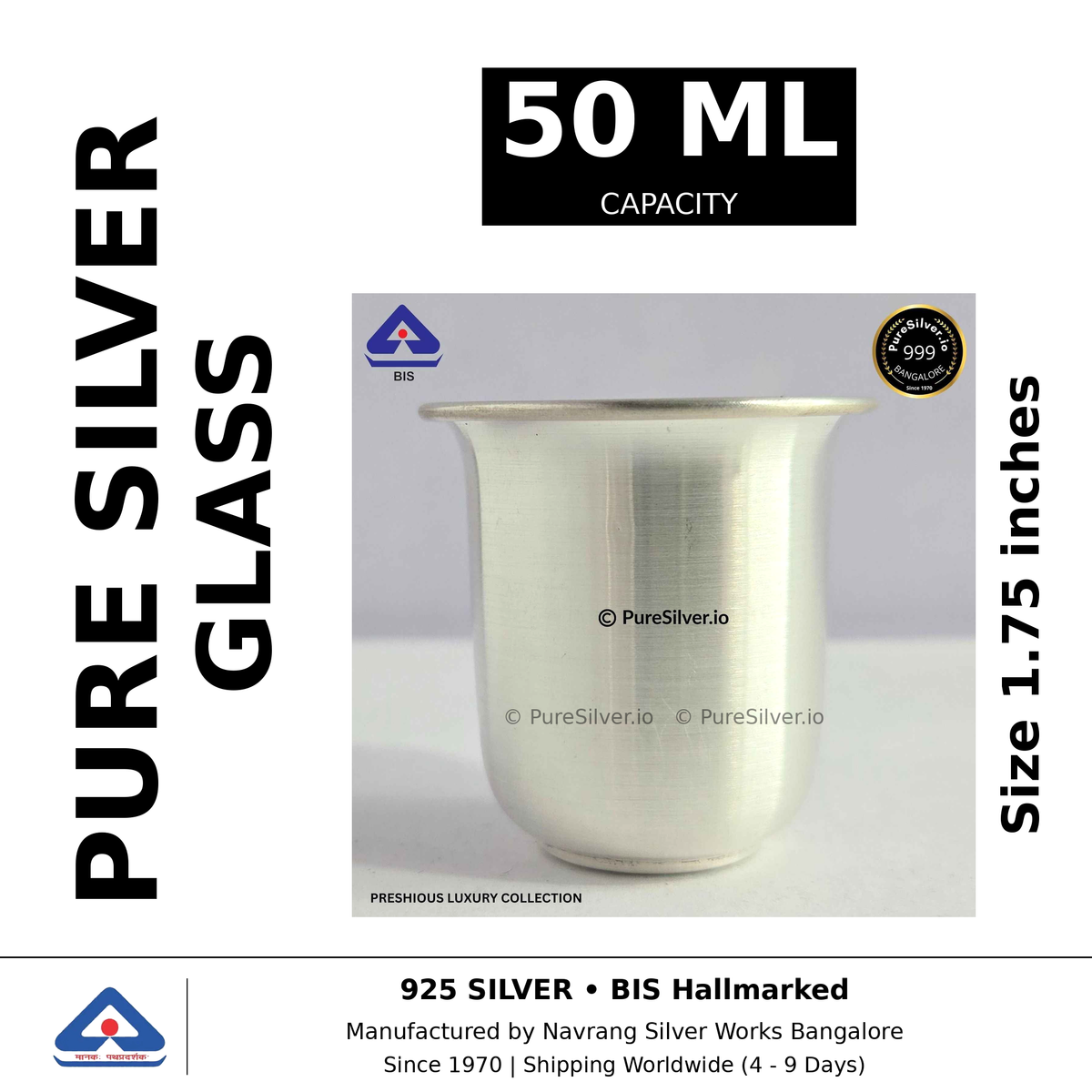 Pure silver glass, 50 ml capacity, size 1.75 inches, black and white specifications image