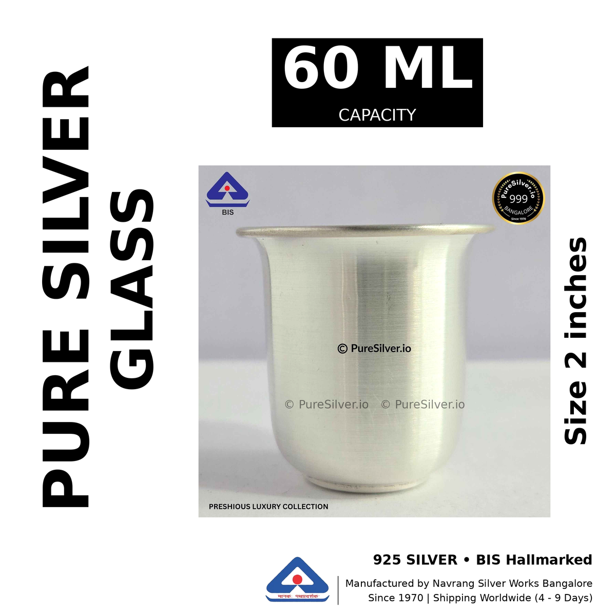 Pure silver glass, 60 ml capacity, size 2 inches, black and white specifications image